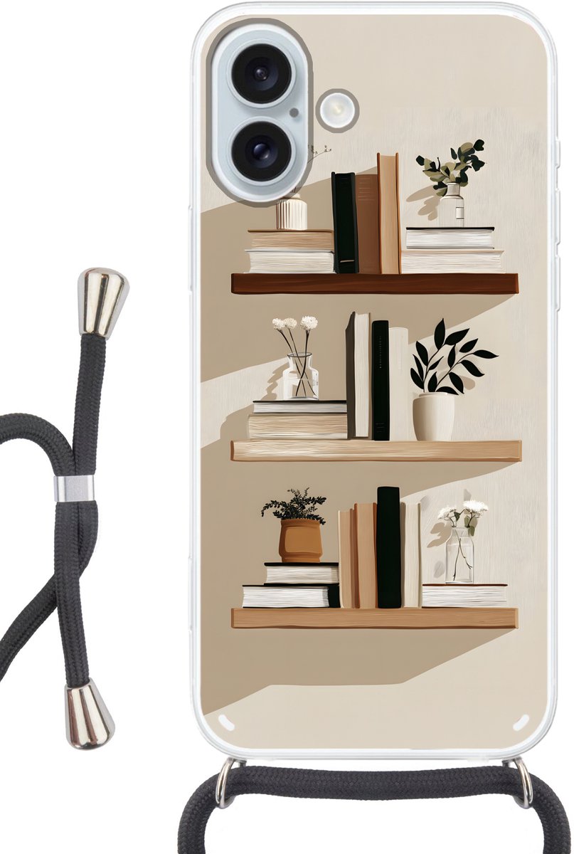 Telefoonhoesje Geschikt voor iPhone 16 Plus met koord - Plankjes - Boeken - Vaasjes - Planten - Siliconen - Crossbody - Backcover met Koord - Telefoonhoesje met koord - Hoesje met touw Telefoonhoesje