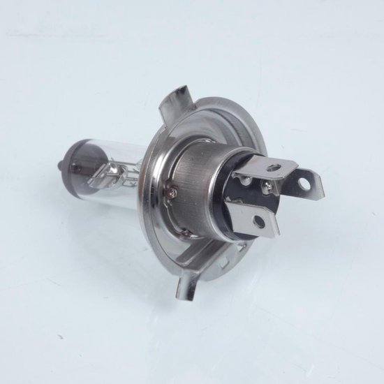 Osram H4 halogeenlamp met glazen bol, metalen voet en stekkers.