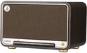 Edifier D32 speaker in donker walnoothoutlook met gouden voetjes, metalen grille en zilveren bedieningspaneel.