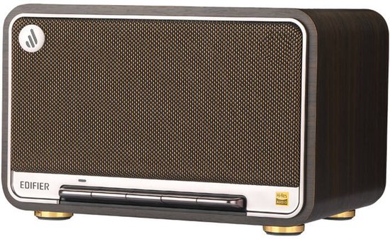 Edifier D32 speaker in donker walnoothoutlook met gouden voetjes, metalen grille en zilveren bedieningspaneel.