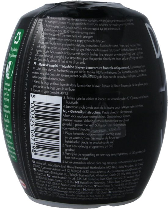 Arrière d'un pod de teinture textile Dylon Bleu Marine avec instructions et logo de recyclage.