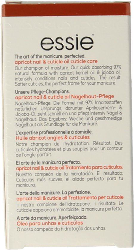 Essie verpakking met informatie over apricot nail & cuticle oil in meerdere talen.