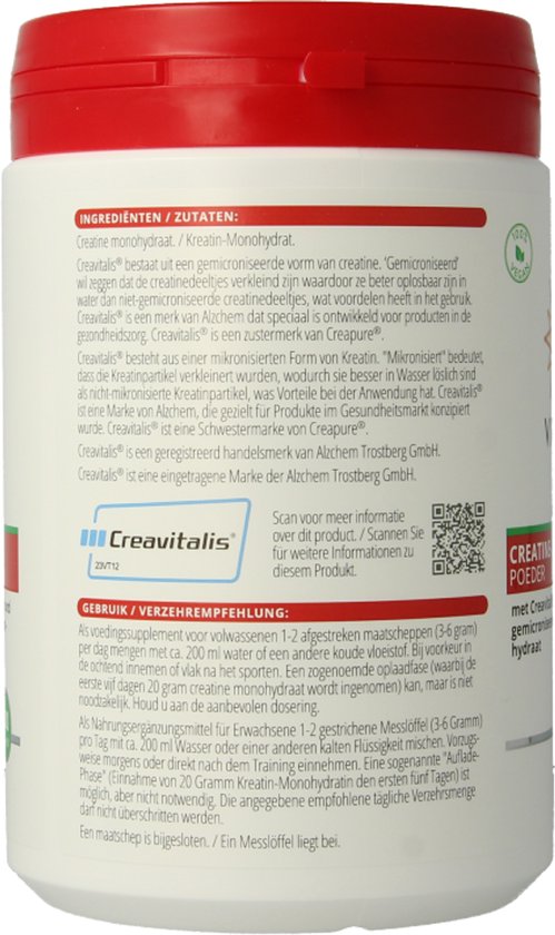 Achterkant van een Vitals Kreatin-CV pot met ingrediënten en gebruiksaanwijzing.