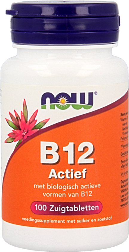 Flesje NOW B12 Actief met 100 zuigtabletten, met oranje en witte etikettering en een paarse dop.