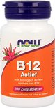 Flesje NOW B12 Actief met 100 zuigtabletten, met oranje en witte etikettering en een paarse dop.