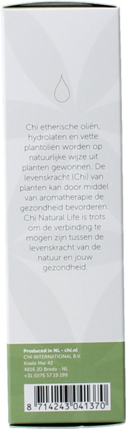 Zijkant van de Chi verpakking met productinformatie in het Nederlands. Groene band aan de onderkant.