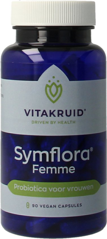 Blauwe pot met witte dop, met logo, Vitakruid, Symflora Femme, Probiotica voor vrouwen, 90 vegan capsules.