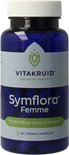 Blauwe pot met witte dop, met logo, Vitakruid, Symflora Femme, Probiotica voor vrouwen, 90 vegan capsules.