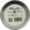 Zilverkleurige blik met "Wiertz Antiekwas", tekst, kleurstaal "Lichtbruin" en QR-code.