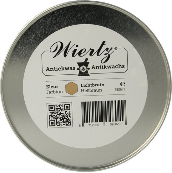 Zilverkleurige blik met "Wiertz Antiekwas", tekst, kleurstaal "Lichtbruin" en QR-code.