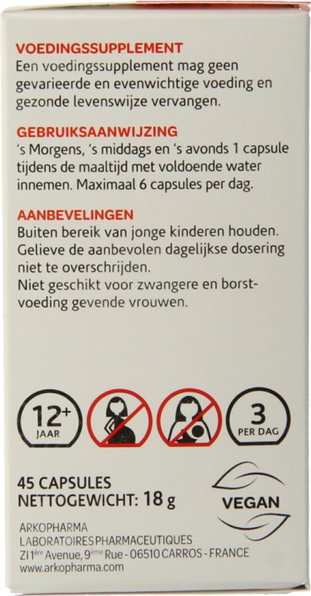 Zijkant van de verpakking van Arkocaps Canadese Geelwortel. Met doseringsinfo en vegan logo.