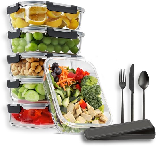 CasaCucina Meal Prep Bakjes - 6 stuks - Met Bestekset - Glazen Vershoudbakjes - BPA Vrij - Luchtdicht - 1L - Glas - Diepvriesbakjes - Oven - Met Deksel -
