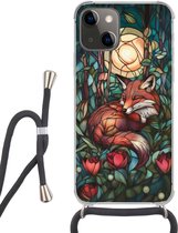 Telefoonhoesje Geschikt voor iPhone 13 - Vos - Mozaïek - Bos - Maan - Siliconen - Crossbody - Backcover met Koord - Telefoonhoesje met koord - Hoesje met touw Telefoonhoesje