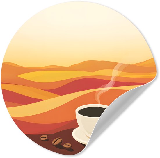 Ronde muursticker met een kop hete koffie, koffiebonen en een abstract landschap in oranje tinten.