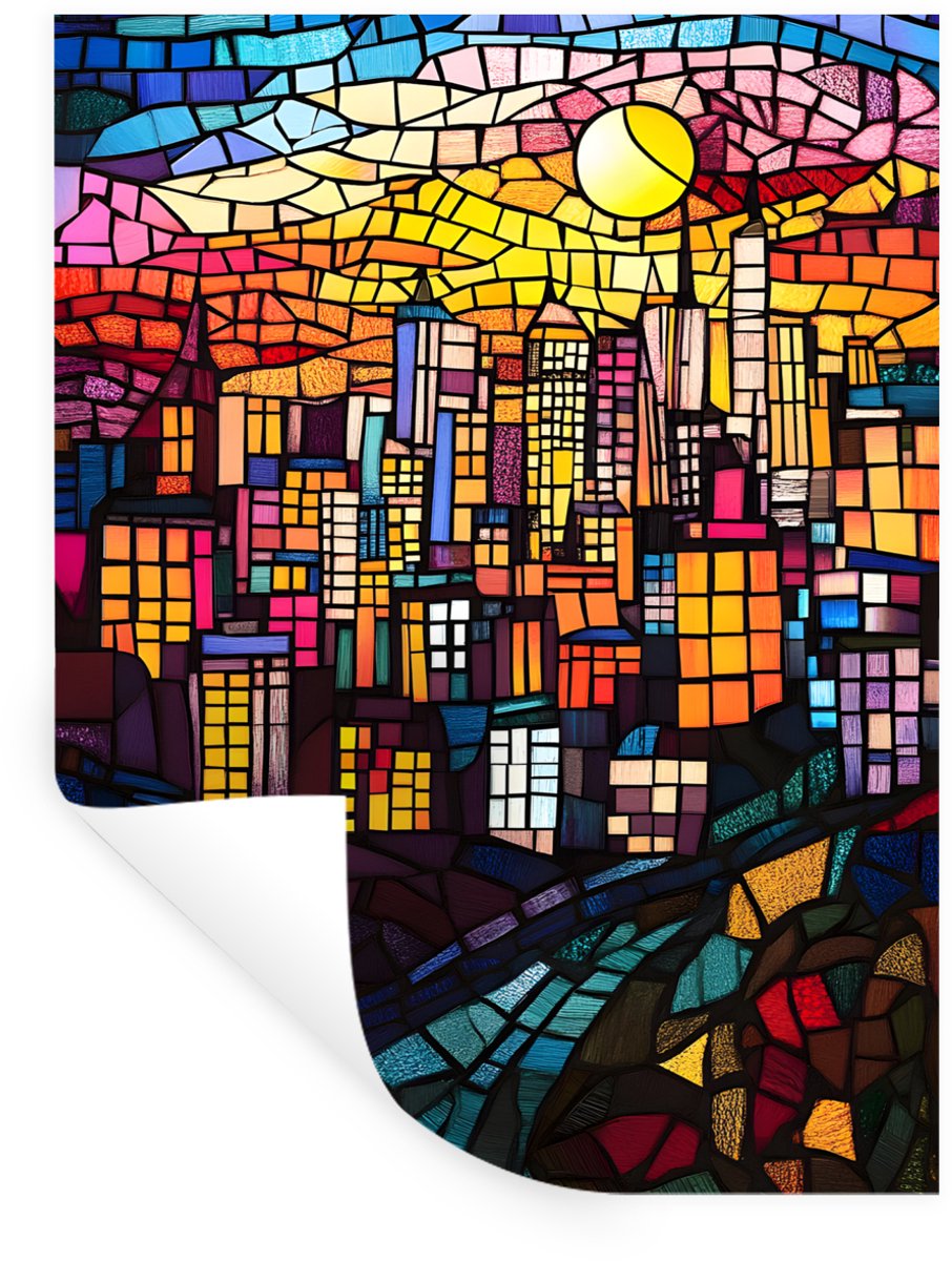 Muurstickers - Sticker Folie - Stad - Maan - Mozaïek - Kleurrijk - 60x80 cm - Plakfolie - 