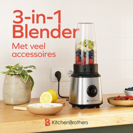 KitchenBrothers Blender - Complete Set - 2x 750ml Kan - Grinder - Stamper - To-Go Bekers - RVS van KitchenBrothers — afbeelding 2