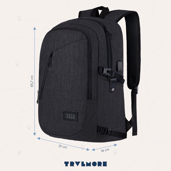 Sac à dos TRVLMORE - 25 L - 15,6 pouces - Sac à dos pour ordinateur portable avec port USB - Cartable - Homme et femme - Sac - Garantie à vie - Zwart