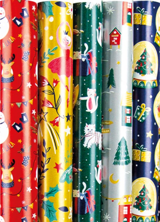 Cadeaupapier – “Winter Wishes” – 5 Rollen – 200x70 cm per Rol – Kerst Inpakpapier met Magische Designs – Katten, Ballerina’s, Sneeuwbollen, Dorpjes & Kerstfiguren – Feestelijk Geschenkpapier