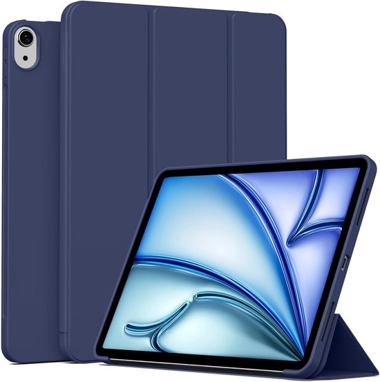 Étui pour tablette bleu marine à triple pliage pour un iPad.