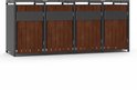 Grijze containerberging met vier roestbruine deuren op zwarte achtergrond.