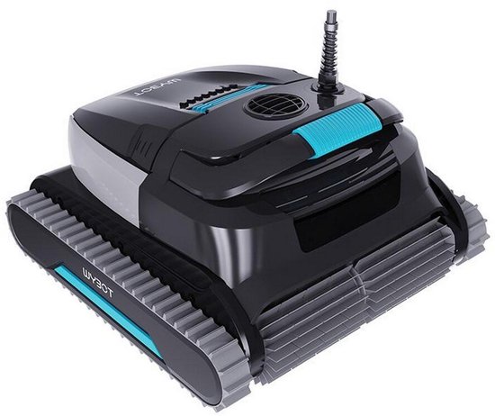 Zwarte robotstofzuiger met grijze rupsbanden en blauwe accenten, met het 'WYBOT' logo op de zijkant.