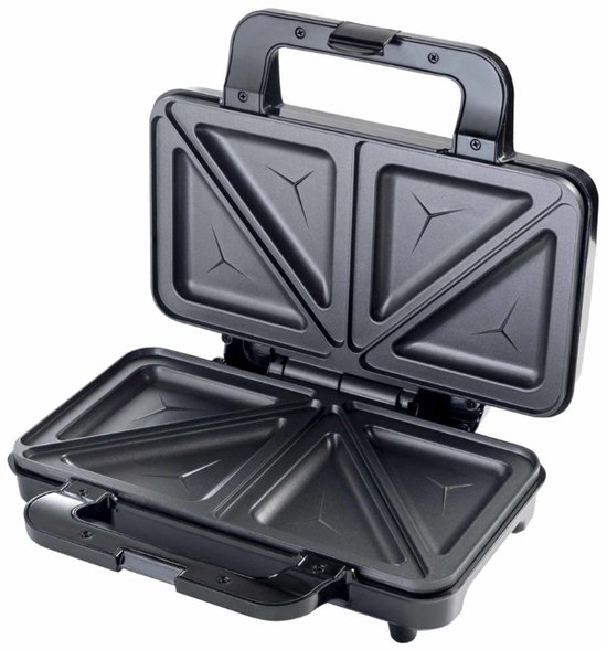 Zwart, opengeklapt tosti-apparaat met driehoekige bakvormen.