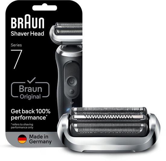 Tête de rasoir Braun Series 7, argent avec des détails noirs. "Braun Original". "Retrouvez 100% de performance". Fabriqué en Allemagne.