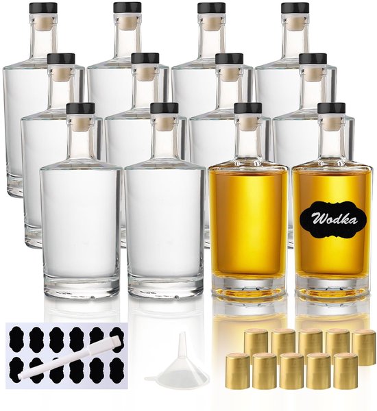 15 kleine glazen flessen om te vullen, 60 ml, met deksel, mini-flessen met trechter, etiketten, pen, voor gember, etherische oliën, whisky