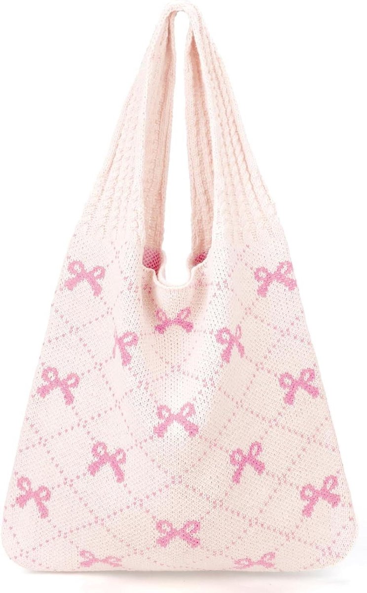 Beige Gehaakte Tas Met Roze Strikken voor Dames - Grote Aesthetic Strandtas