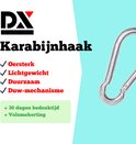 Zilveren karabijnhaak van DX, met de tekst "Karabijnhaak", "Oersterk", "Lichtgewicht", "Duurzaam", "Duw-mechanisme", "+ 30 dagen bedenktijd" en "+ Volumekorting".