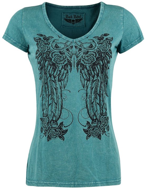 Turquoise V-hals T-shirt met een grote zwarte print van vleugels en rozen op de voorkant.