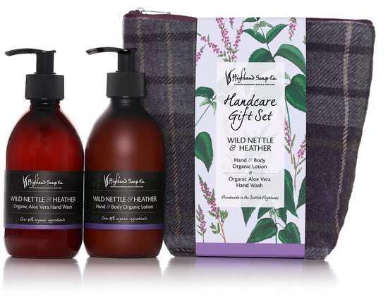 Ortie sauvage et bruyère – Coffret cadeau Soin des mains aux herbes et doux – Savon, lotion et pochette