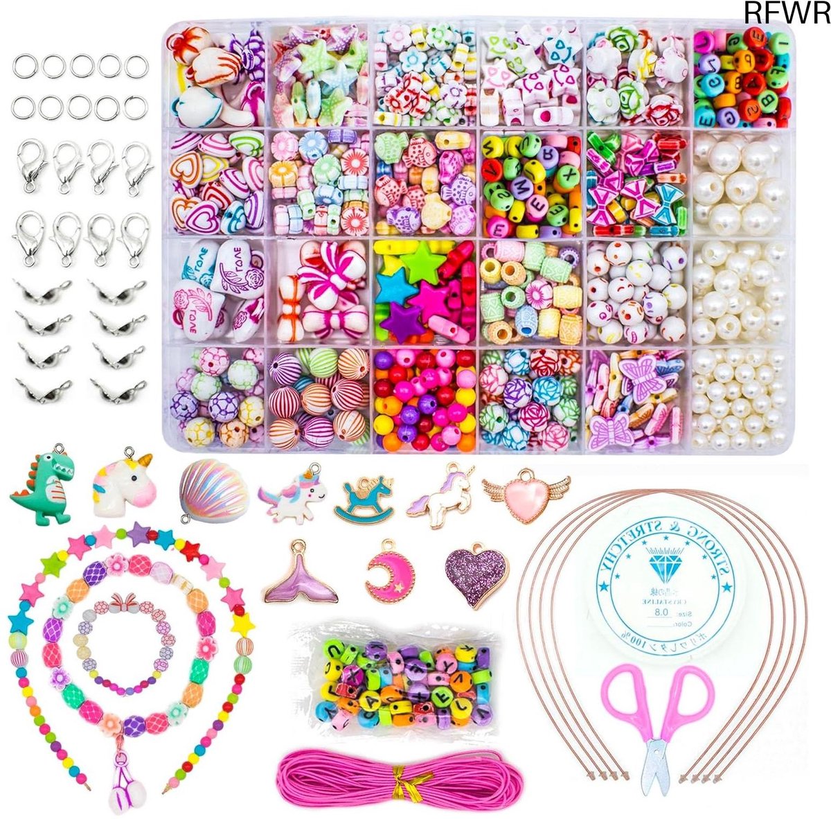 RFWR® DIY Kralen voor Kinderen - Creatieve Sieraden Maakset voor Meisjes - 24 Kleuren en Vormen voor Armbanden en Kettingen