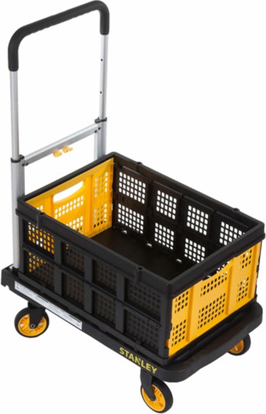 Stanley steekwagen met inklapbare gele krat met zwarte en gele accenten en 4 wielen.