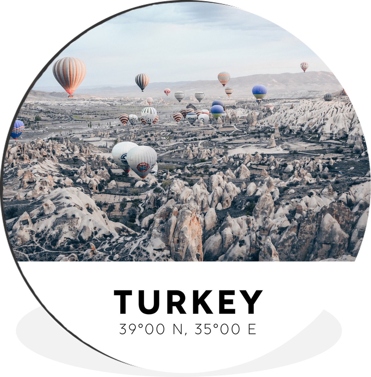 WallCircle Wandcirkel - Muurcirkel - Turkije - Luchtballon - Cappadocië - Ballon - Aluminium - Dibond - 90x90 cm - Binnen en Buiten Multicolor