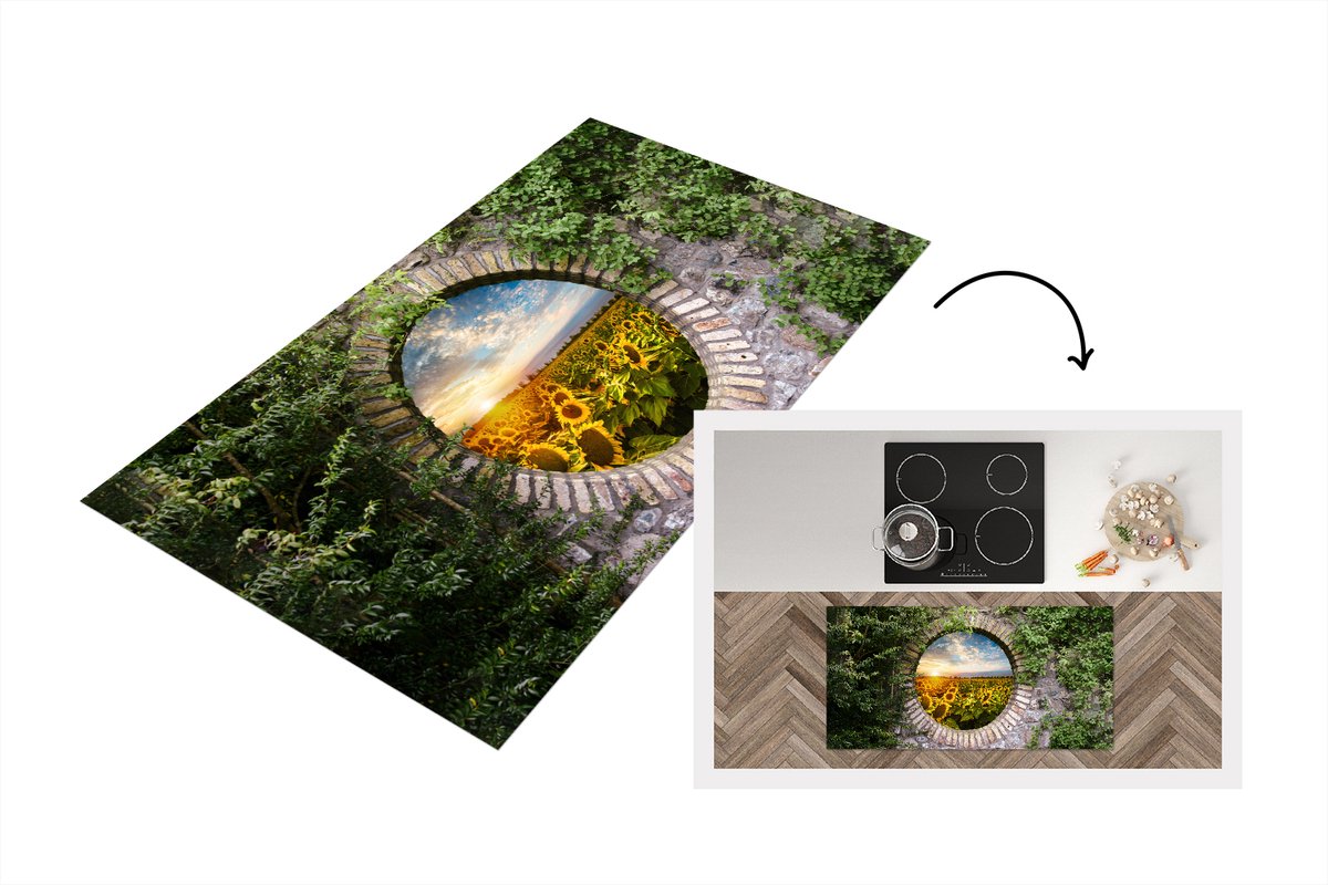 KitchenYeah Keukenloper - Loper keuken - Zonnebloemen - Doorkijk - Bloemen - Zon - 120x60 cm - Keukenloper vinyl Multicolor