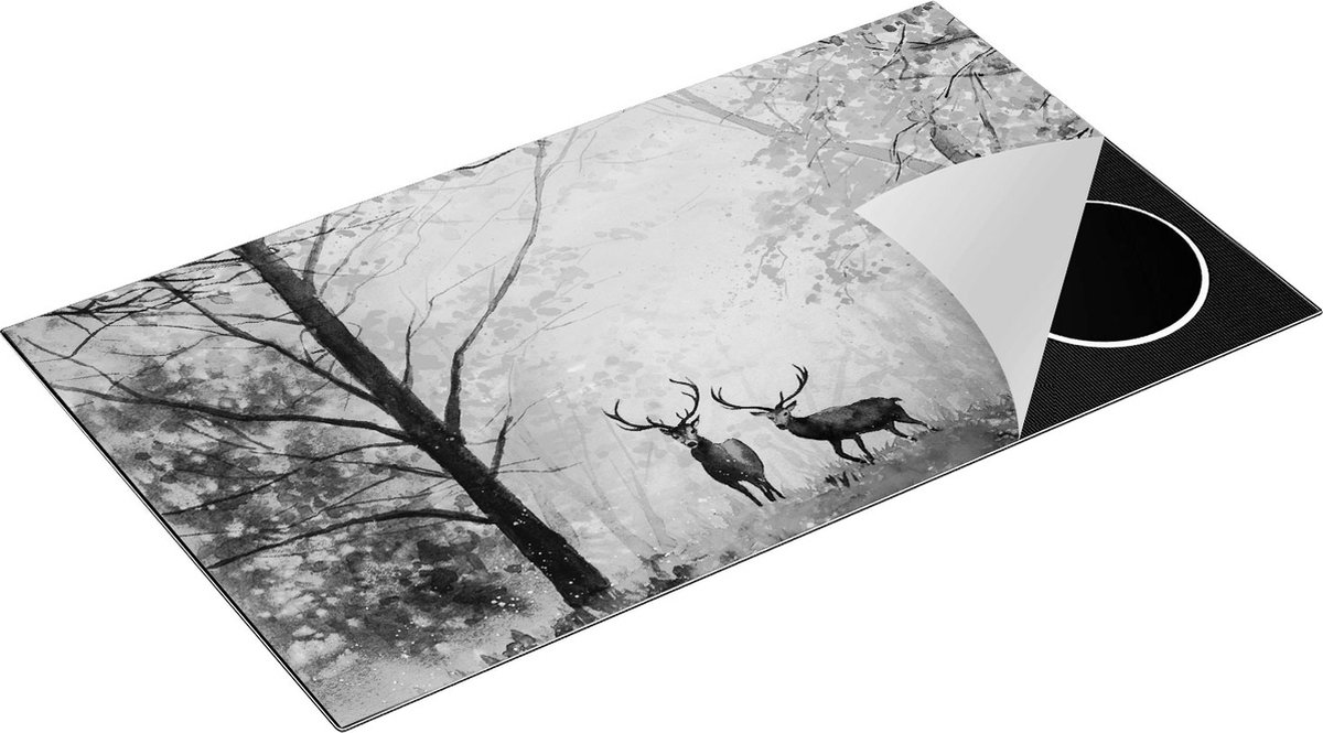 Chefcare Inductie Beschermer Getekende Herten in het Bos - Herfst - Zwart Wit - 90x50 cm - Afdekplaat Inductie - Kookplaat Beschermer - Inductie Mat