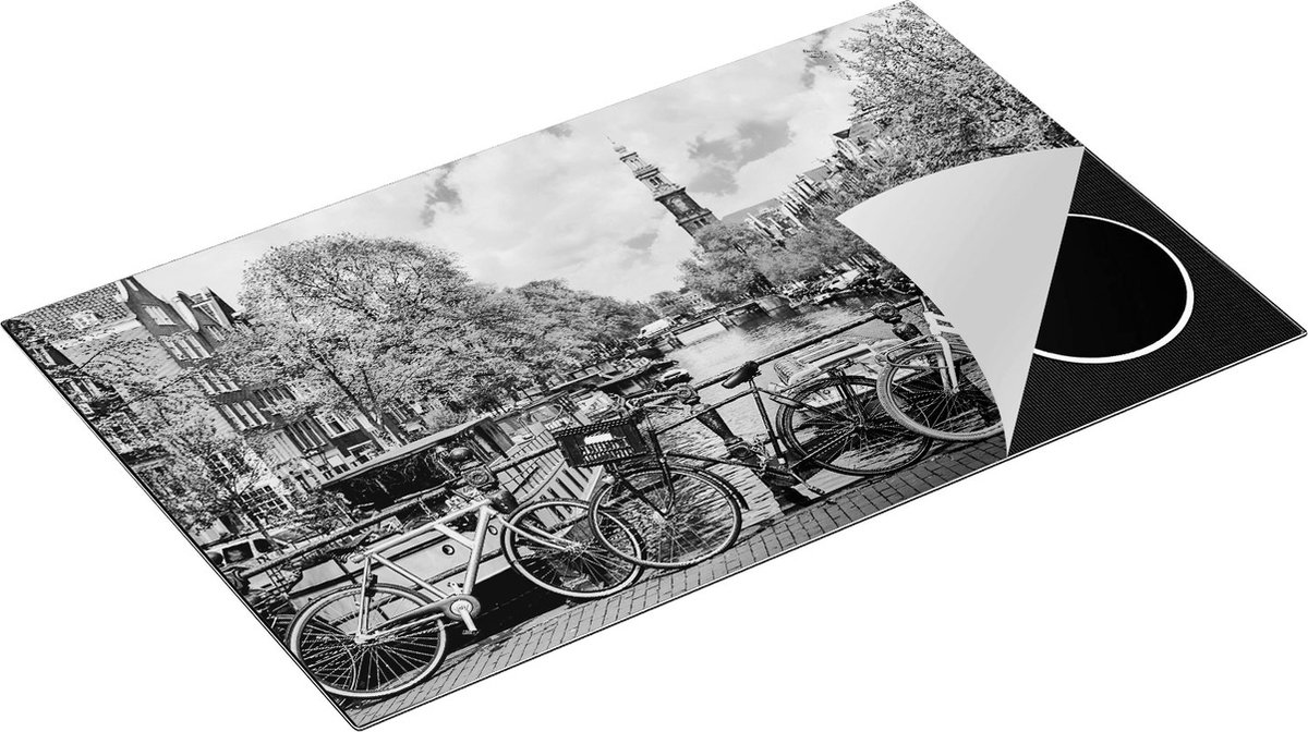 Chefcare Inductie Beschermer Amsterdamse Brug bij een Brug met Fietsen - Zwart Wit - 85x50 cm - Afdekplaat Inductie - Kookplaat Beschermer - Inductie Mat