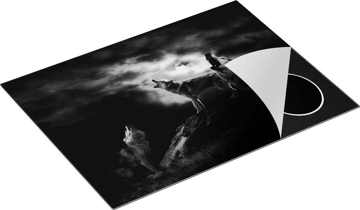 Chefcare Inductie Beschermer Drie Huilende Wolven tijdens Volle Maan - Zwart Wit - 70x50 cm - Afdekplaat Inductie - Kookplaat Beschermer - Inductie Mat