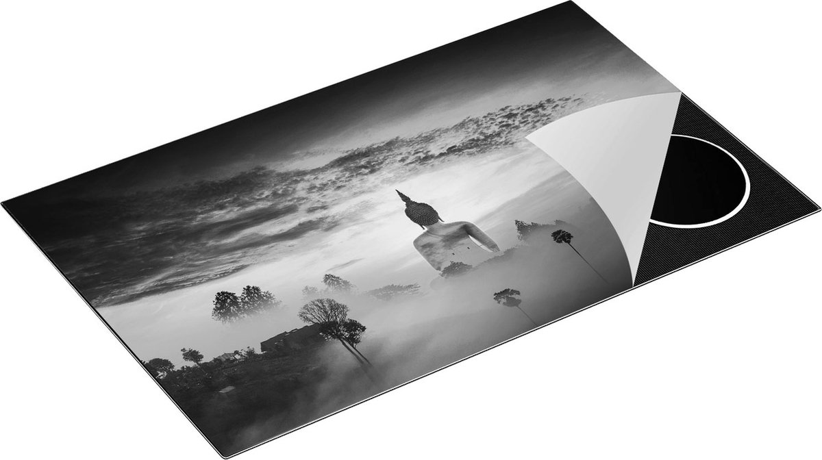 Chefcare Inductie Beschermer Boeddha Beeld in de Mist - Zwart Wit - 85x50 cm - Afdekplaat Inductie - Kookplaat Beschermer - Inductie Mat