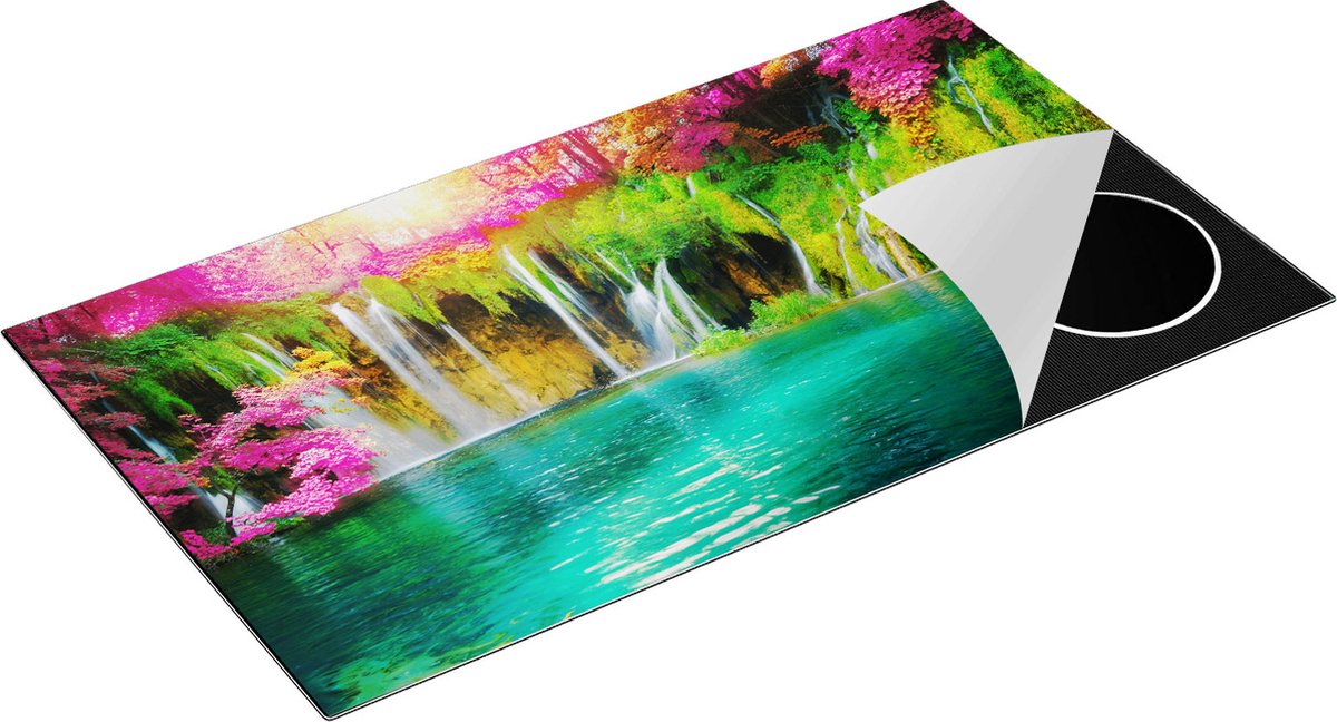 Chefcare Inductie Beschermer Waterval met Roze en Groene Bloemen - 95x55 cm - Afdekplaat Inductie - Kookplaat Beschermer - Inductie Mat