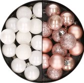 28x stuks kleine kunststof kerstballen wit en zachtroze 3 cm - kerstversiering