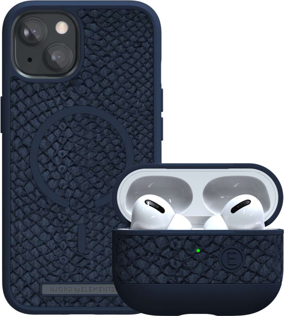 Njord byELEMENTS iPhone 13 Mini hoesje + AirPods Pro hoesje / Airpods Pro Case - Gereycled / Duurzaam materiaal - 2 Meter valbescherming - Uniek design - Blauw