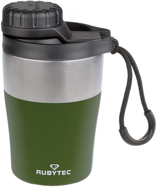 Olijfgroene thermosbeker met RVS accent, zwart deksel en lus.