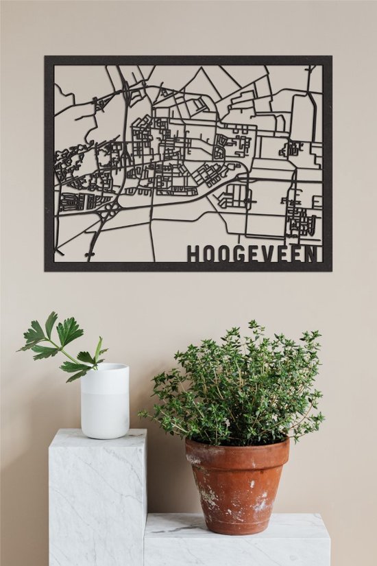 Houten Stadskaart Hoogeveen Zwart Mdf 100x75cm Wanddecoratie Voor Aan De Muur City Shapes