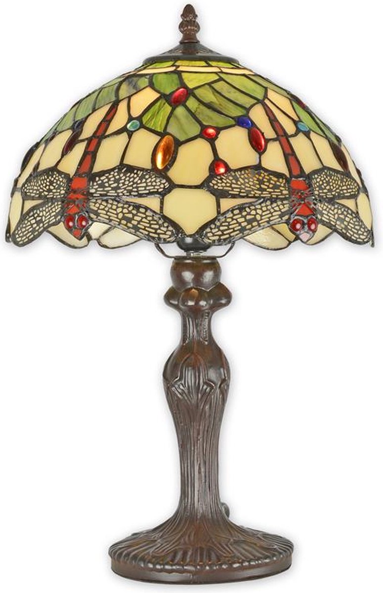 Tiffany tafellamp - Glas in lood - Libelle, groen glas - 47,5 cm hoog