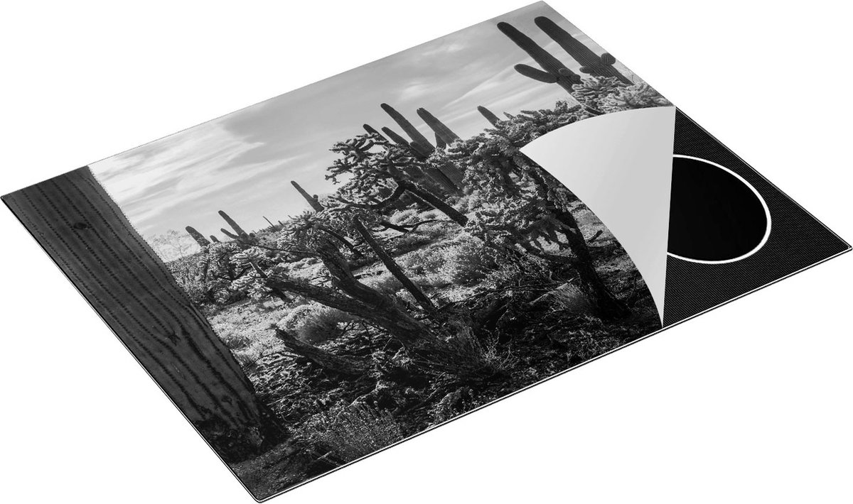 Chefcare Inductie Beschermer Cactus Planten in het Wild - Zwart Wit - 77x59 cm - Afdekplaat Inductie - Kookplaat Beschermer - Inductie Mat