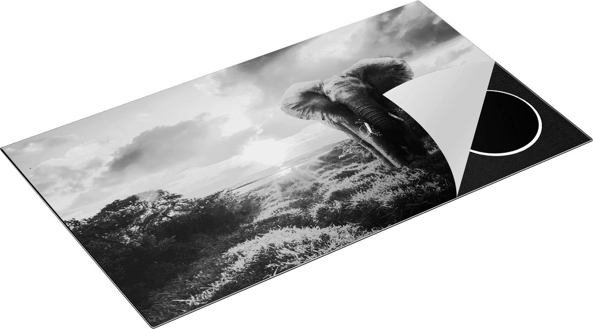 Chefcare Inductie Beschermer Olifant in het Wild bij Zonsondergang - Zwart Wit - 91,6x52,7 cm - Afdekplaat Inductie - Kookplaat Beschermer - Inductie Mat