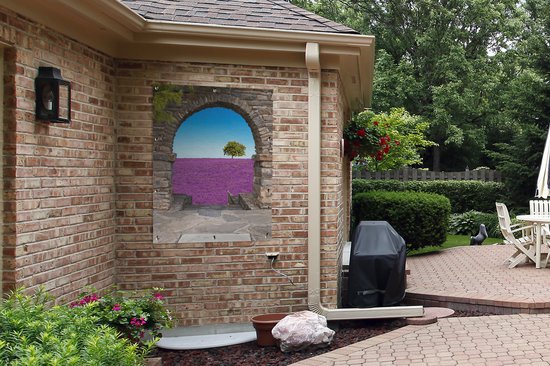 Affiche de jardin - Vue - Lavande - Arbre - Fleurs - Paysage - 90x120 cm - Décoration de clôture - Toile de jardin