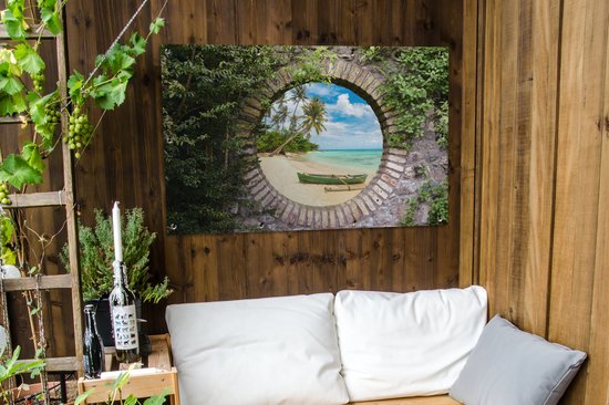 Jardin - Palmier - Vue - Pierre - Canoë - Toile de clôture - 120x80 cm - Affiche de jardin - Toile de jardin